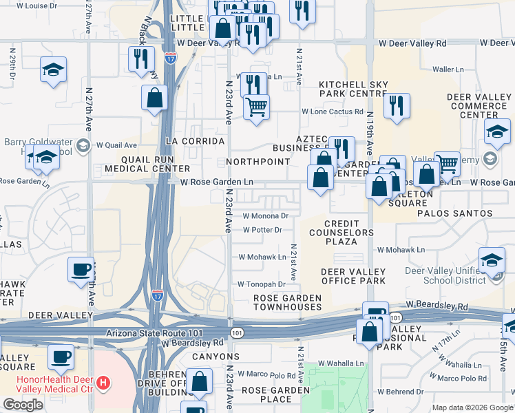 map of restaurants, bars, coffee shops, grocery stores, and more near 2226 West Monona Drive in Phoenix