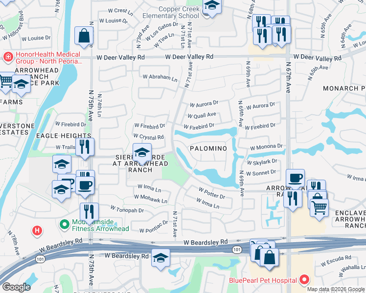 map of restaurants, bars, coffee shops, grocery stores, and more near 21004 North 70th Drive in Glendale