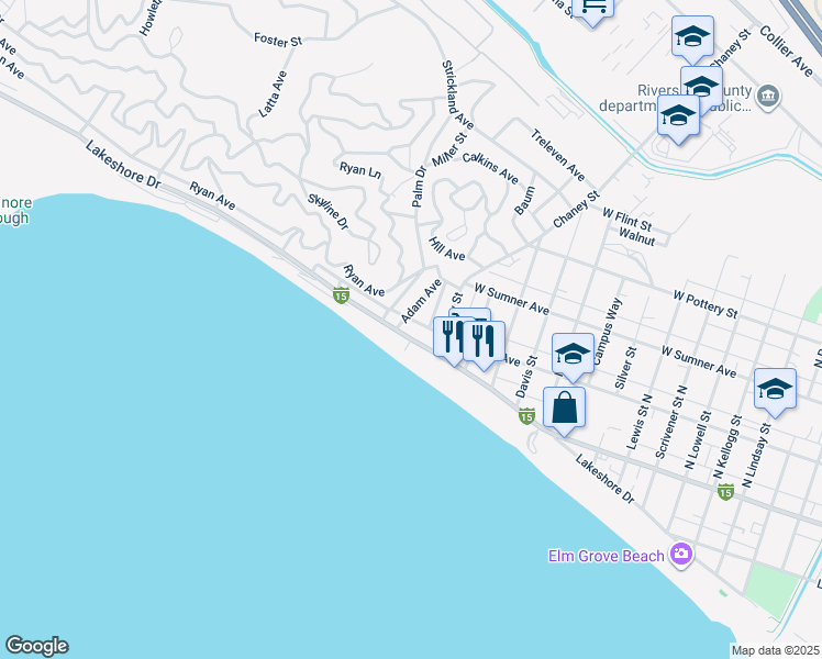 map of restaurants, bars, coffee shops, grocery stores, and more near 18028 Lakeshore Drive in Lake Elsinore
