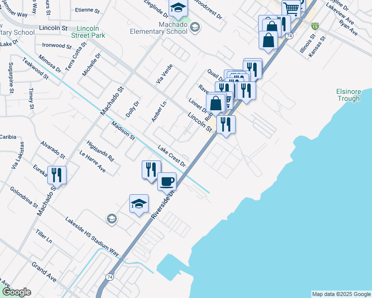 map of restaurants, bars, coffee shops, grocery stores, and more near 32209 Riverside Drive in Lake Elsinore