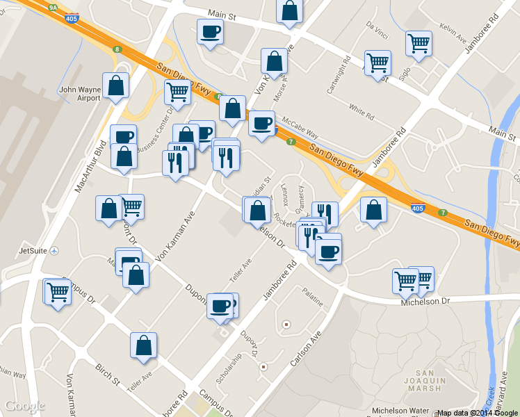 map of restaurants, bars, coffee shops, grocery stores, and more near 99 Waldorf in Irvine