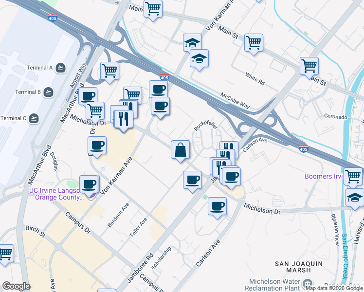 map of restaurants, bars, coffee shops, grocery stores, and more near 99 Waldorf in Irvine