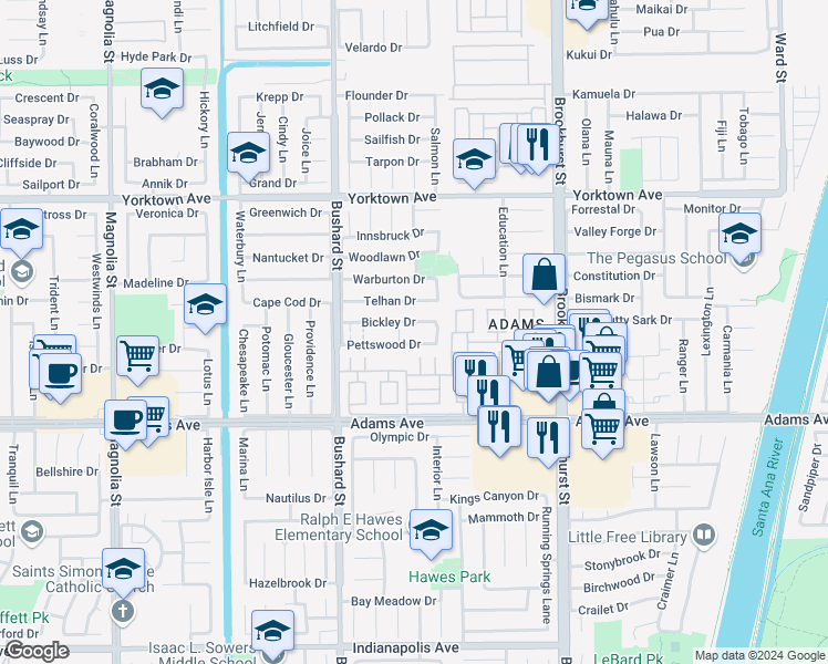 map of restaurants, bars, coffee shops, grocery stores, and more near 9643 Pettswood Drive in Huntington Beach