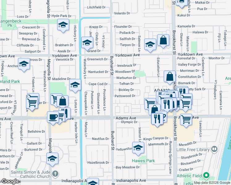 map of restaurants, bars, coffee shops, grocery stores, and more near 9565 Pettswood Drive in Huntington Beach