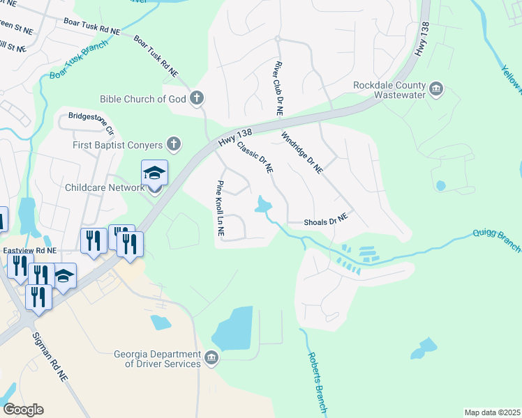 map of restaurants, bars, coffee shops, grocery stores, and more near 1200 Lakewood Drive Northeast in Conyers