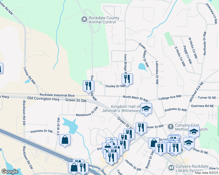 map of restaurants, bars, coffee shops, grocery stores, and more near 1202 Tinsley Drive Northwest in Conyers