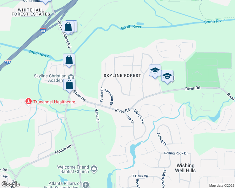 map of restaurants, bars, coffee shops, grocery stores, and more near 3671 Satellite Boulevard in Ellenwood
