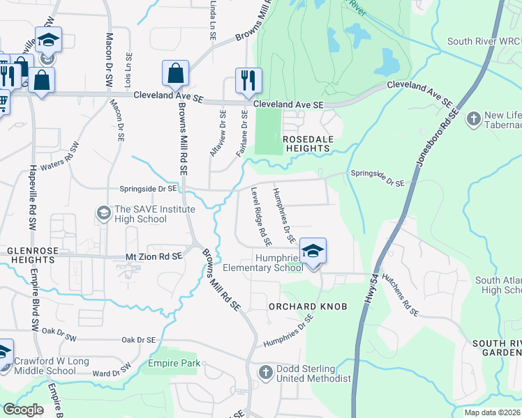 map of restaurants, bars, coffee shops, grocery stores, and more near 2922 Level Ridge Road Southeast in Atlanta
