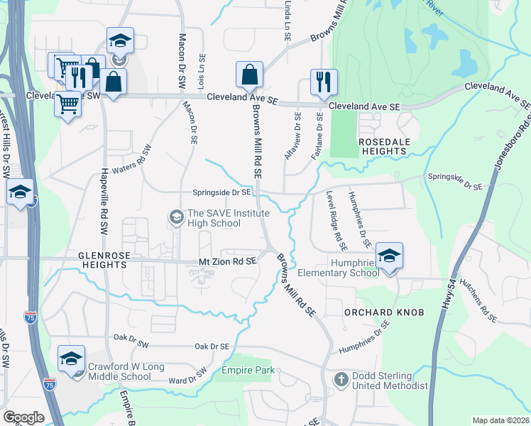 map of restaurants, bars, coffee shops, grocery stores, and more near 2914 Browns Mill Road Southeast in Atlanta