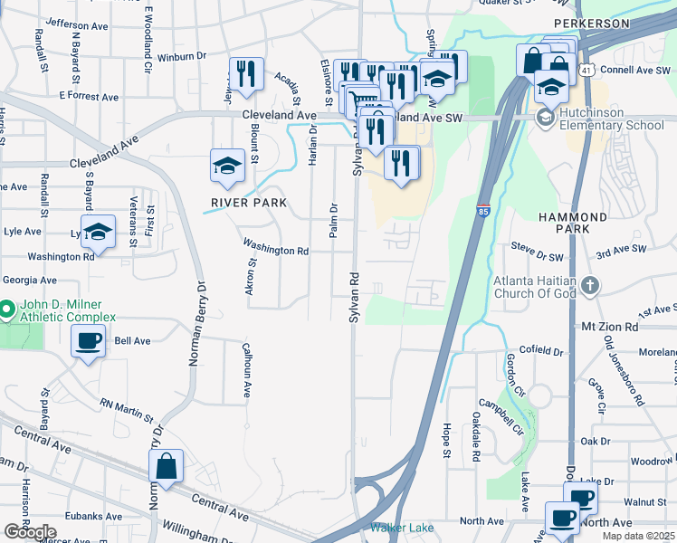 map of restaurants, bars, coffee shops, grocery stores, and more near 2931 Palm Drive in East Point