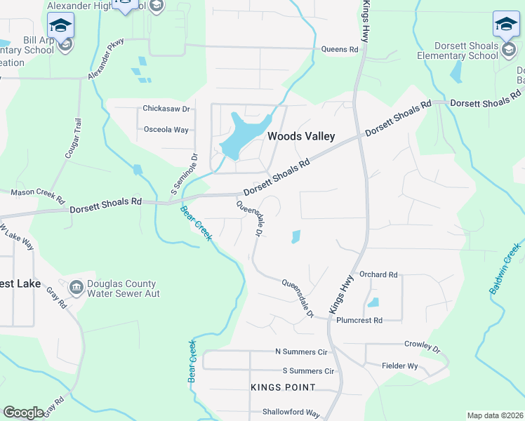 map of restaurants, bars, coffee shops, grocery stores, and more near 6395 Queensdale Drive in Douglasville
