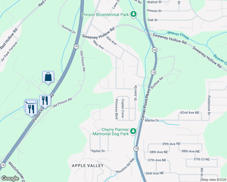 map of restaurants, bars, coffee shops, grocery stores, and more near 341 Saint John Road Northwest in Birmingham