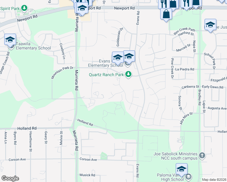map of restaurants, bars, coffee shops, grocery stores, and more near 30646 Canary Palm Circle in Menifee