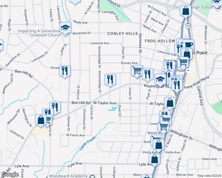 map of restaurants, bars, coffee shops, grocery stores, and more near 1925 Washington Road in East Point