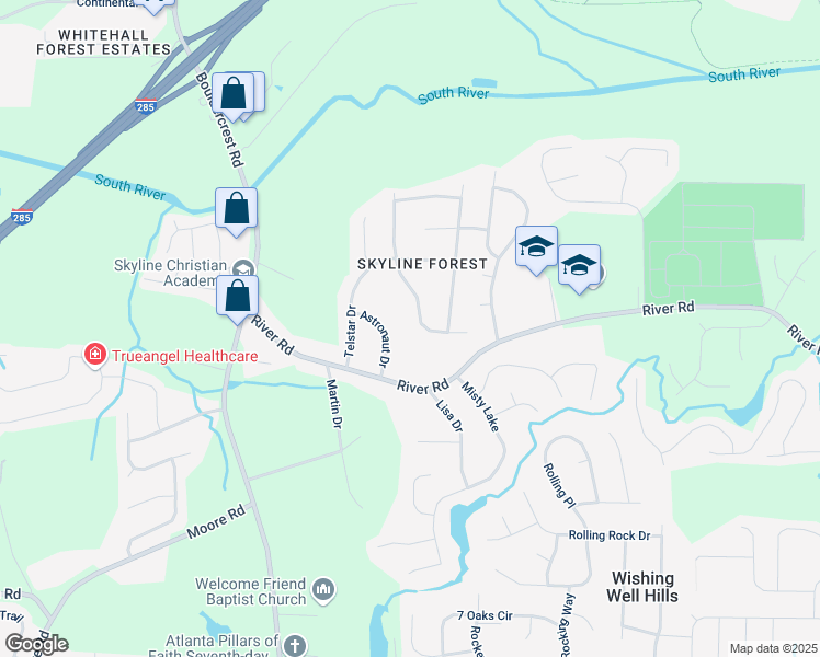 map of restaurants, bars, coffee shops, grocery stores, and more near 3671 Satellite Boulevard in Ellenwood