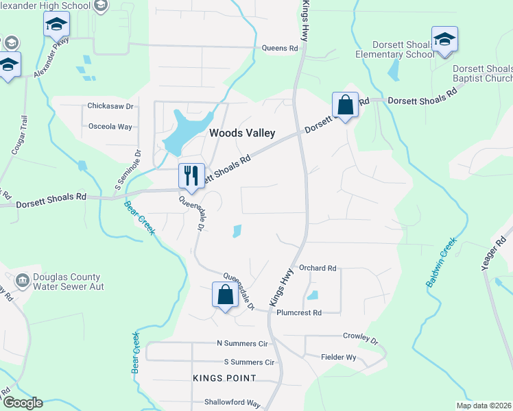 map of restaurants, bars, coffee shops, grocery stores, and more near 6190 Knights Lane in Douglasville
