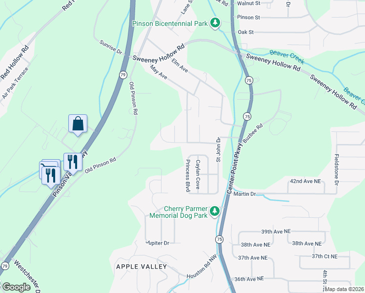 map of restaurants, bars, coffee shops, grocery stores, and more near 341 Saint John Road Northwest in Birmingham