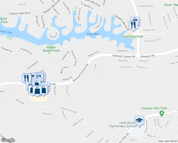 map of restaurants, bars, coffee shops, grocery stores, and more near 30635 Sorrel Lane in Canyon Lake