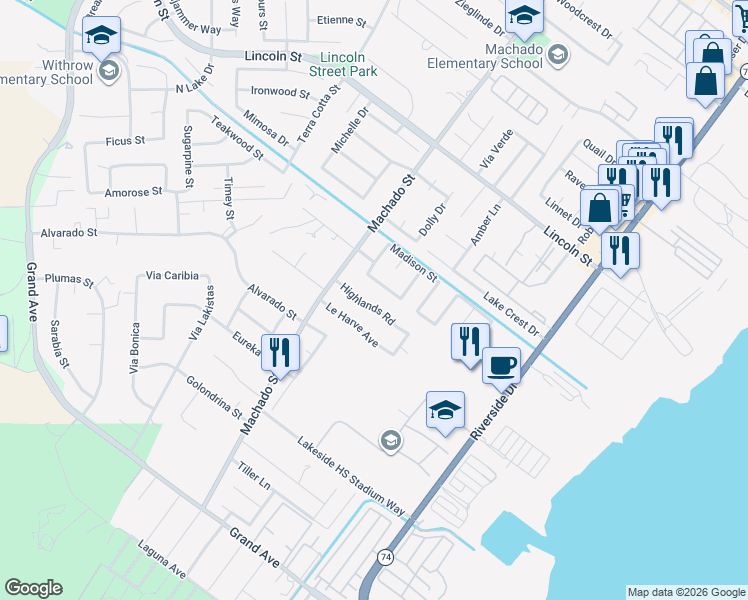 map of restaurants, bars, coffee shops, grocery stores, and more near 639 Highlands Road in Lake Elsinore
