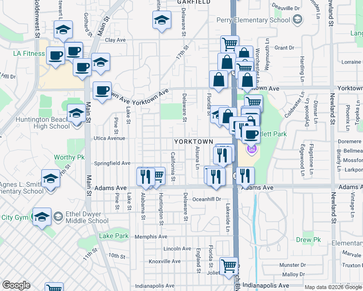 map of restaurants, bars, coffee shops, grocery stores, and more near 2007 Delaware Street in Huntington Beach