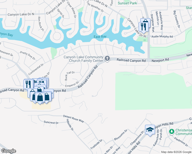 map of restaurants, bars, coffee shops, grocery stores, and more near 30635 Sorrel Lane in Canyon Lake
