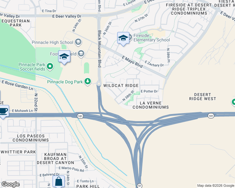 map of restaurants, bars, coffee shops, grocery stores, and more near 3714 East Potter Drive in Phoenix