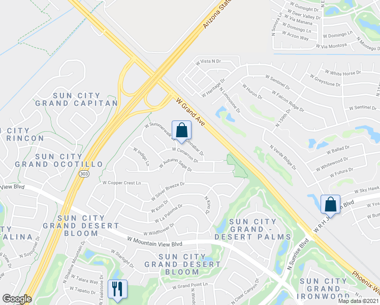 map of restaurants, bars, coffee shops, grocery stores, and more near 15828 W Cimarron Dr in Surprise