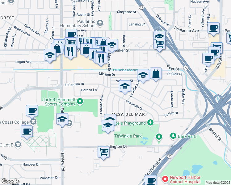 map of restaurants, bars, coffee shops, grocery stores, and more near 1044 Coronado Drive in Costa Mesa