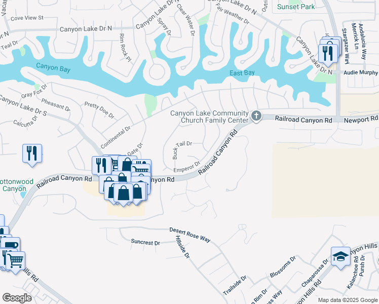 map of restaurants, bars, coffee shops, grocery stores, and more near 23630 Big Butte Drive in Canyon Lake