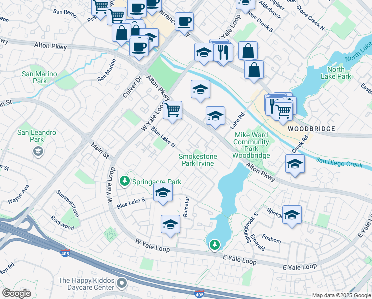 map of restaurants, bars, coffee shops, grocery stores, and more near 25 Smokestone in Irvine