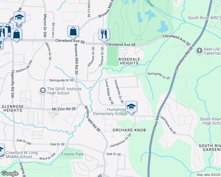 map of restaurants, bars, coffee shops, grocery stores, and more near 2922 Level Ridge Road Southeast in Atlanta
