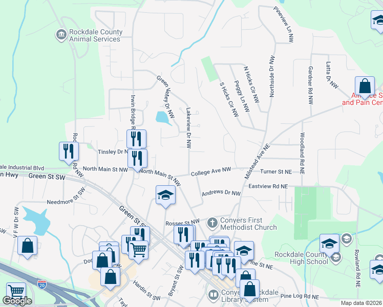 map of restaurants, bars, coffee shops, grocery stores, and more near 1193 Lakeview Drive Northwest in Conyers
