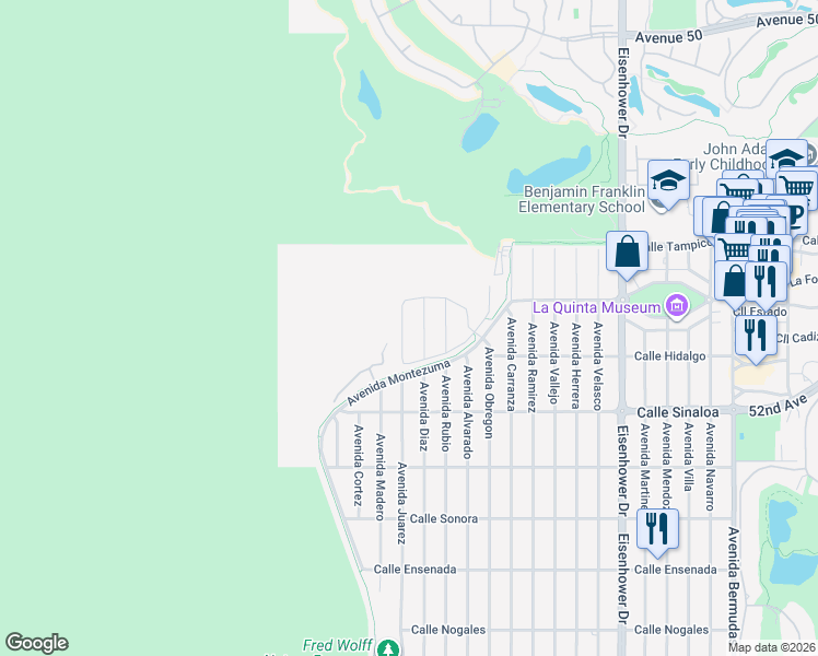 map of restaurants, bars, coffee shops, grocery stores, and more near 51380 Avenida Juarez in La Quinta