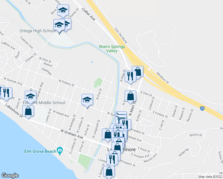 map of restaurants, bars, coffee shops, grocery stores, and more near 412 North Langstaff Street in Lake Elsinore