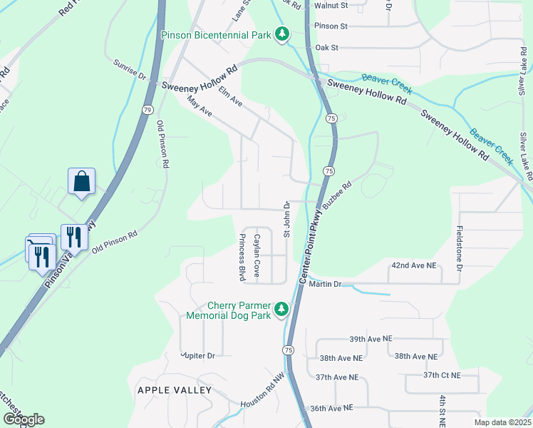 map of restaurants, bars, coffee shops, grocery stores, and more near 317 Saint John Road Northwest in Birmingham