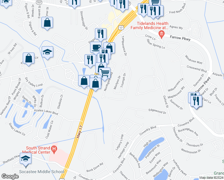map of restaurants, bars, coffee shops, grocery stores, and more near 2415 Morlynn Drive in Myrtle Beach