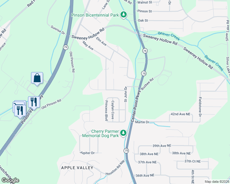 map of restaurants, bars, coffee shops, grocery stores, and more near 313 Saint John Road Northwest in Birmingham