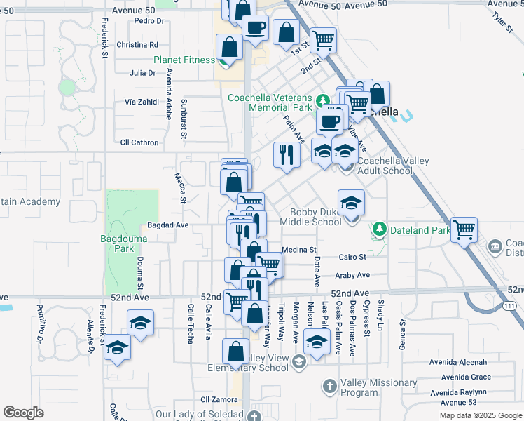 map of restaurants, bars, coffee shops, grocery stores, and more near 51392 Cesar Chavez Street in Coachella