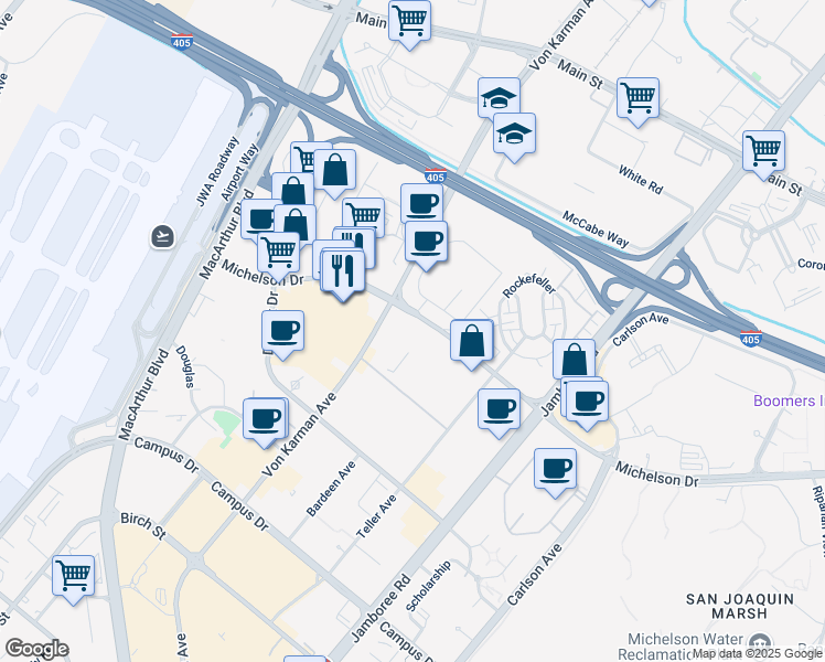 map of restaurants, bars, coffee shops, grocery stores, and more near 2402 Michelson Drive in Irvine