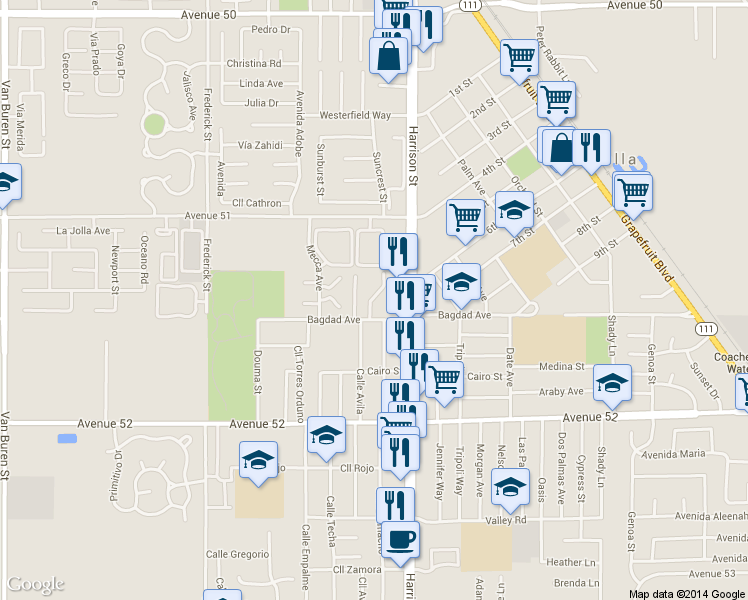 map of restaurants, bars, coffee shops, grocery stores, and more near 84967 Bagdad Avenue in Coachella