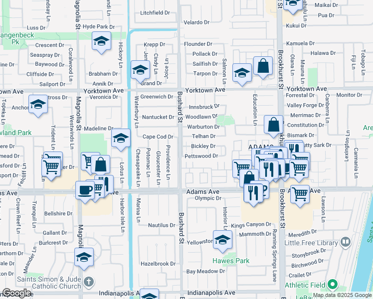 map of restaurants, bars, coffee shops, grocery stores, and more near 9534 Bickley Drive in Huntington Beach