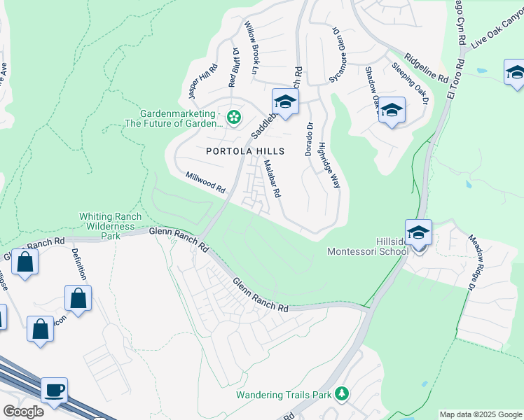 map of restaurants, bars, coffee shops, grocery stores, and more near 28512 Sorano Cove in Trabuco Canyon