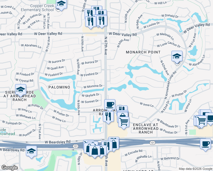 map of restaurants, bars, coffee shops, grocery stores, and more near 20901 North 67th Drive in Glendale