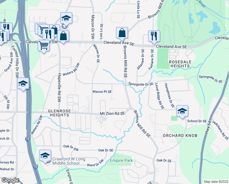 map of restaurants, bars, coffee shops, grocery stores, and more near 2924 Springside Place Southeast in Atlanta