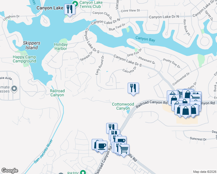 map of restaurants, bars, coffee shops, grocery stores, and more near 30732 Early Round Drive in Canyon Lake