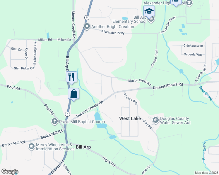 map of restaurants, bars, coffee shops, grocery stores, and more near 4801 Pauline Road in Douglasville