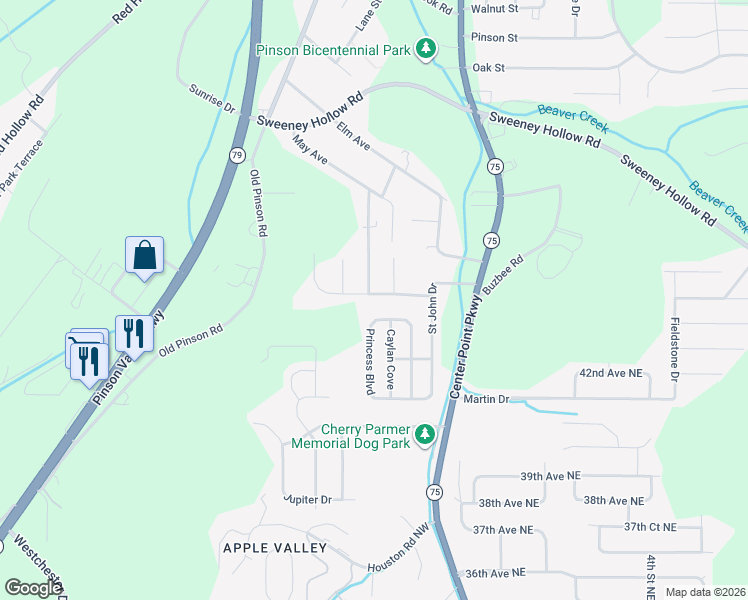 map of restaurants, bars, coffee shops, grocery stores, and more near 341 Saint John Road Northwest in Birmingham