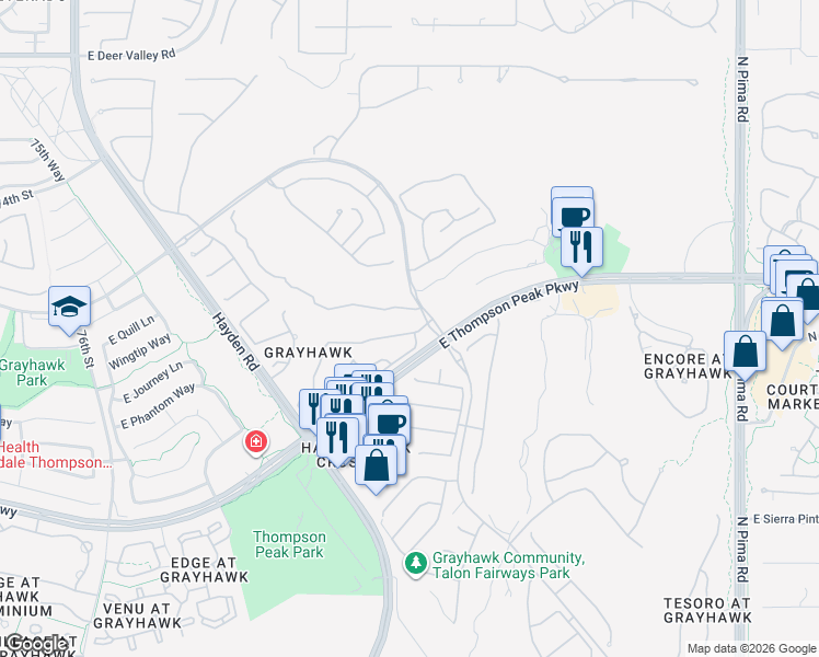map of restaurants, bars, coffee shops, grocery stores, and more near 20802 North Grayhawk Drive in Scottsdale