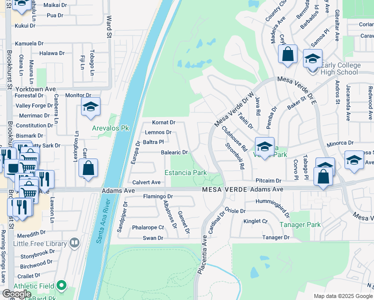 map of restaurants, bars, coffee shops, grocery stores, and more near 2841 Boa Vista Drive in Costa Mesa