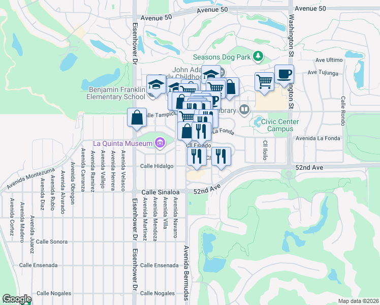 map of restaurants, bars, coffee shops, grocery stores, and more near 51405 Avenida Bermudas in La Quinta